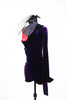 Purple stretch velvet tailcoat, covers  red  bra top and purple velvet shorts, side