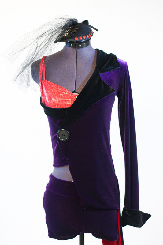 Purple stretch velvet tailcoat, covers  red  bra top and purple velvet shorts, front