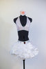 White ruffled/gathered pouf skirt has attached bottom and Swarovski detailing with matching triangle bra top, front
