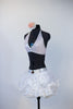 White ruffled/gathered pouf skirt has attached bottom and Swarovski detailing with matching triangle bra top, side