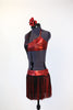 Red metallic & sparkle velvet 2 piece costume has halter neck and black/red fringe skirt, side