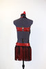 Red metallic & sparkle velvet 2 piece costume has halter neck and black/red fringe skirt, back