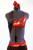 Red metallic & sparkle velvet 2 piece costume has halter neck and black/red fringe skirt, front