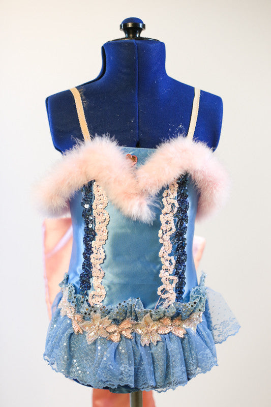 Baby blue satin bodysuit with sequin detail, ruffles, pink marabou trim and large pink bow on back, front