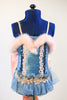 Baby blue satin bodysuit with sequin detail, ruffles, pink marabou trim and large pink bow on back, front