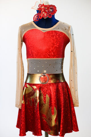  Red metallic, tap/jazz/skate dress,has sheer mesh back & crystals, front