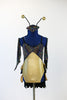Black hologram spandex leotard has layers of gold and black ruffles. Comes with antennae hat and gantlets, front