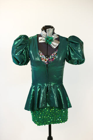 Green glitter spandex shorts, multi-coloured glitter bra, green metallic zip up jacket front