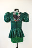 Green glitter spandex shorts, multi-coloured glitter bra, green metallic zip up jacket front