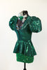 Green glitter spandex shorts, multi-coloured glitter bra, green metallic zip up jacket side