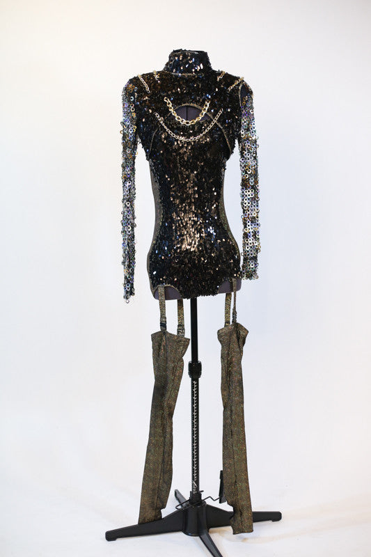 Black front sequined half jacket with silver hoop sequins, gold chains and stirrups,full 