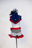 White and silver sequined shorts with black and white piano keys,red ruffles & a large red bow. Matching top with ruffle accent, black piping & black hairpiece, Back