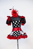 High neck bodysuit with pouf sleeves and keyhole back & varying patterns of polk-a-dot . Has a matching ruffled red tulle skirt and large red/black hairpiece, Front