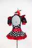 High neck bodysuit with pouf sleeves and keyhole back & varying patterns of polk-a-dot . Has a matching ruffled red tulle skirt and large red/black hairpiece, Back
