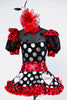High neck bodysuit with pouf sleeves and keyhole back & varying patterns of polk-a-dot . Has a matching ruffled red tulle skirt and large red/black hairpiece, Front zoom