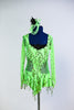 Neon Green Mesh bodysuit with sequin frills has attached solid green panty and black sequin insert. Comes with looping green hair accessory, Front