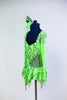 Neon Green Mesh bodysuit with sequin frills has attached solid green panty and black sequin insert. Comes with looping green hair accessory, Side