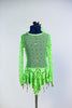 Neon Green Mesh bodysuit with sequin frills has attached solid green panty and black sequin insert. Comes with looping green hair accessory, Back