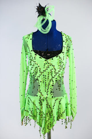 Neon Green Mesh bodysuit with sequin frills has attached solid green panty and black sequin insert. Comes with looping green hair accessory. Front zoom