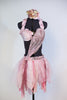 Pale pink bra has halter collar with pink satin ruffles  Has a crystal/beaded silk cascading to right hip Skirt has strips of varying pink delicate fabrics. Front