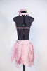 Pale pink bra has halter collar with pink satin ruffles  Has a crystal/beaded silk cascading to right hip Skirt has strips of varying pink delicate fabrics. Back