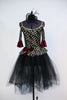 Gold/silver glitter pattern on black stretch velvet with off-the shoulder bodice and pep-plum rests on black tulle romantic tutu. Comes with black head piece. Front