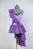 Lavender colour metallic bodysuit with  iridescent taffeta ruffle. Matching skirt has layers of iridescent taffeta side ruffles, covered with AB crystals. front 