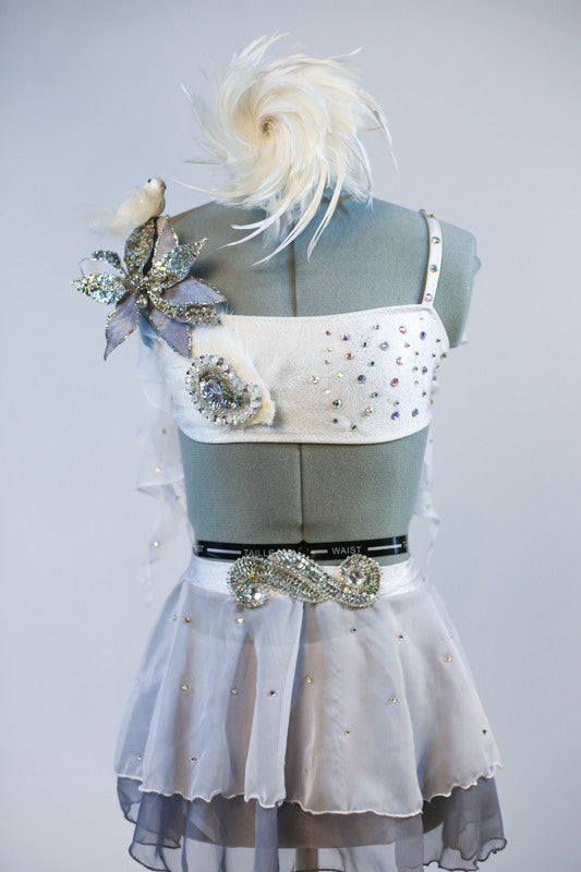 White/silver bra top covered with silver appliqué /flowers/feathers/crystals &bird. Skirt has layers white/grey chiffon. Separate panty and feather hair piece. Front zoom