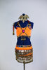 Bollywood themed orange/purple costume with coloured jewel accents & crystals. Skirt has attached panty and is surrounded with dangling gold jingle tassels. Front