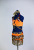 Bollywood themed orange/purple costume with coloured jewel accents & crystals. Skirt has attached panty and is surrounded with dangling gold jingle tassels. Side