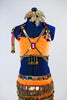 Bollywood themed orange/purple costume with coloured jewel accents & crystals. Skirt has attached panty and is surrounded with dangling gold jingle tassels. Front zoom