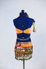 Bollywood themed orange/purple costume with coloured jewel accents & crystals. Skirt has attached panty and is surrounded with dangling gold jingle tassels. Back