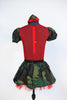 Red mesh-backed bodysuit has red sequined front, camouflage sleeves and attached black panty. Has matching skirt with red tulle ruffle. Comes with army hat.. Back