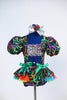 Rainbow swirled, metallic bodysuit with pouf sleeves and an open front with sequined insert . Comes with matching skirt that has rainbow coloured tulle ruffles. Front