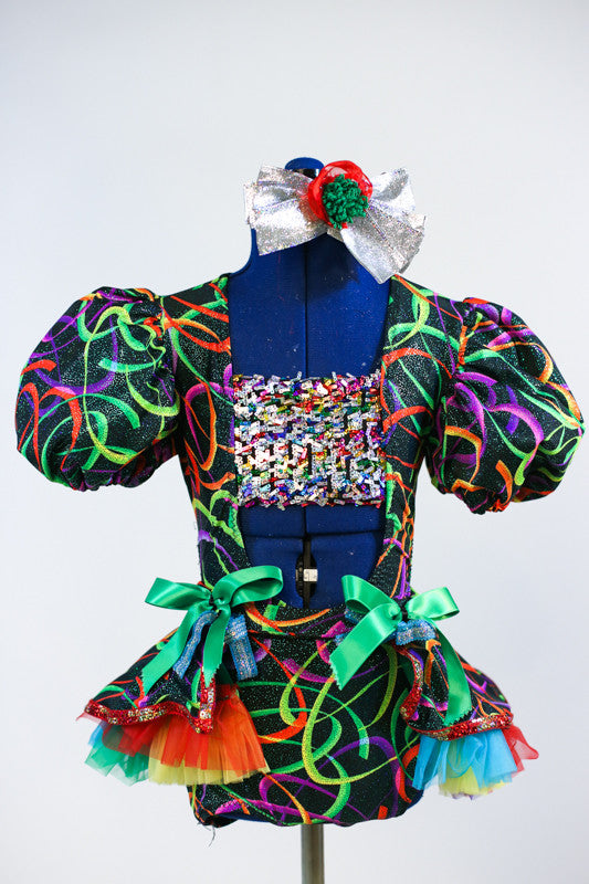 Rainbow swirled, metallic bodysuit with pouf sleeves and an open front with sequined insert . Comes with matching skirt that has rainbow coloured tulle ruffles. Front Zoom