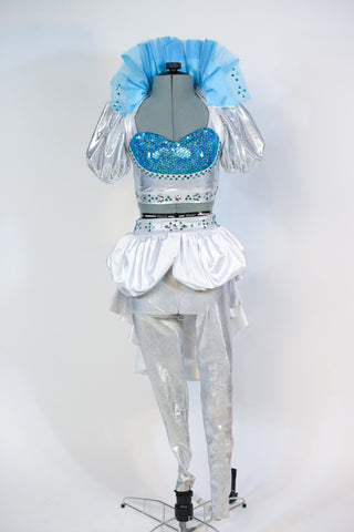 Costume includes a silver half-top with turquoise insert. Has with silver metallic leggings,white bustle skirt & detachable collar (with turquoise appliques). Front Full
