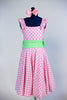 Pink and white gingham pattern dress with built in panty, shoulder ruffles and a pale green sash. Front