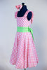 Pink and white gingham pattern dress with built in panty, shoulder ruffles and a pale green sash. Side