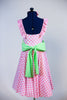 Pink and white gingham pattern dress with built in panty, shoulder ruffles and a pale green sash. Back
