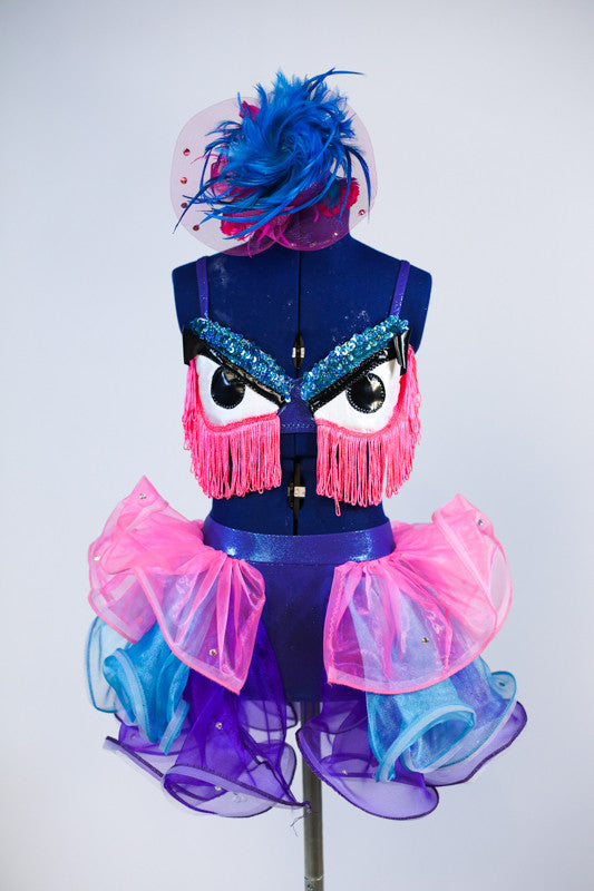Blue sequined bra top that has monster eyes and pink fringe, Skirt is layers of twisty organza in bright pink, turquoise and purple. comes with hair piece, Front
