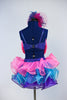 Blue sequined bra top that has monster eyes and pink fringe, Skirt is layers of twisty organza in bright pink, turquoise and purple. comes with hair piece, Back