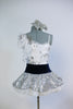 White  lace/sequined bodysuit has jeweled shoulder ruffle Comes with a silver/white ruffled skirt - black velvet waistband and a  silver orchid hair piece. front