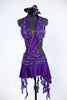 Purple dress has a built in bra attached to the skirt with front cross-over crystalled bands. Skirt has attached short & wide band of French beaded lace. Front