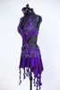 Purple dress has a built in bra attached to the skirt with front cross-over crystalled bands. Skirt has attached short & wide band of French beaded lace. Side