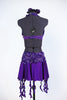 Purple dress has a built in bra attached to the skirt with front cross-over crystalled bands. Skirt has attached short & wide band of French beaded lace. Back