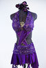 Purple dress has a built in bra attached to the skirt with front cross-over crystalled bands. Skirt has attached short & wide band of French beaded lace. Front zoom