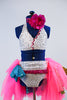  White/silver sequined bra & panty with turquoise sparkle bow accent on right hip. Knee length skirt with layers of pink,yellow & turquoise & fuschia hair piece. Front zoom