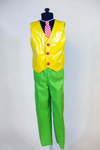 Custom designed neon green pants,& a bright yellow, shiny leathery vest with hot pink sparkle buttons and a pink and white striped tie. Own shirt needed. Front full