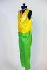 Custom designed neon green pants,& a bright yellow, shiny leathery vest with hot pink sparkle buttons and a pink and white striped tie. Own shirt needed. Side