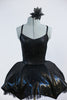 2 piece costume is black, leather-like fabric with a matching tutu type skirt with shaped boning  to a to create an umbrella effect with crystal raindrops. Zoom front
